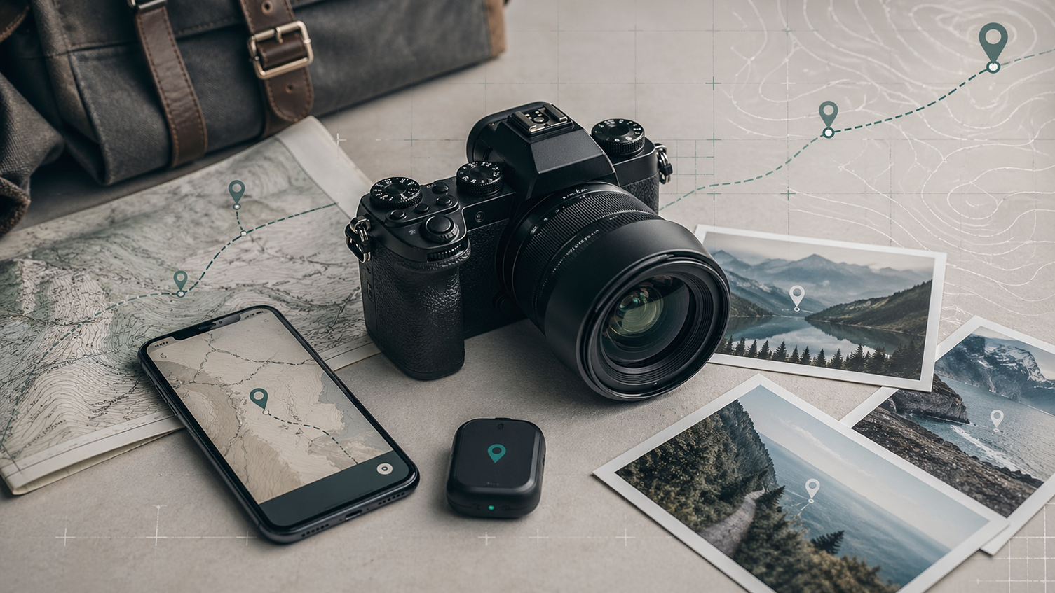 Editorial-style image of a camera, smartphone, folded map, small GPS device, and landscape photo prints with location markers, illustrating geotagging photos with GPS data.