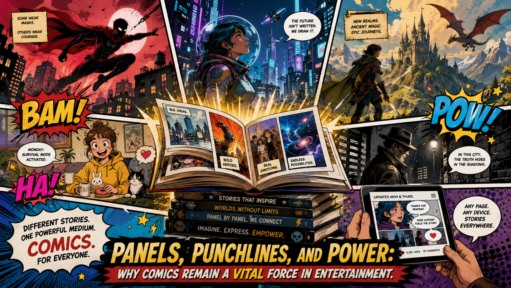 Colorful comic collage showing an open book with superhero, sci-fi, fantasy, humor, noir, and digital comic panels.