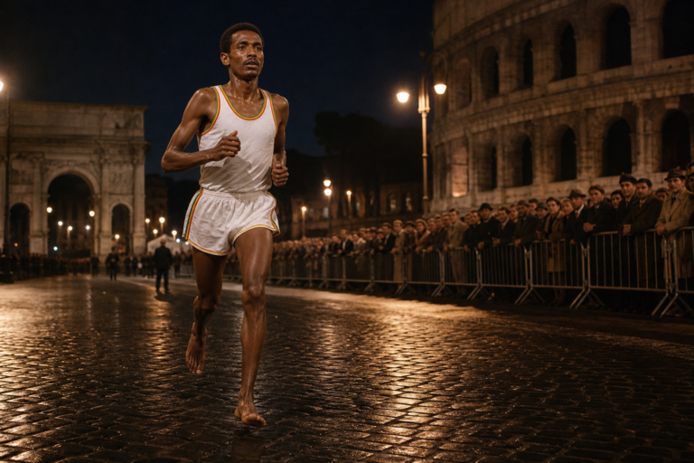 A barefoot Ethiopian marathon runner moving through torchlit Rome, representing the distance-running legacy of Abebe Bikila.