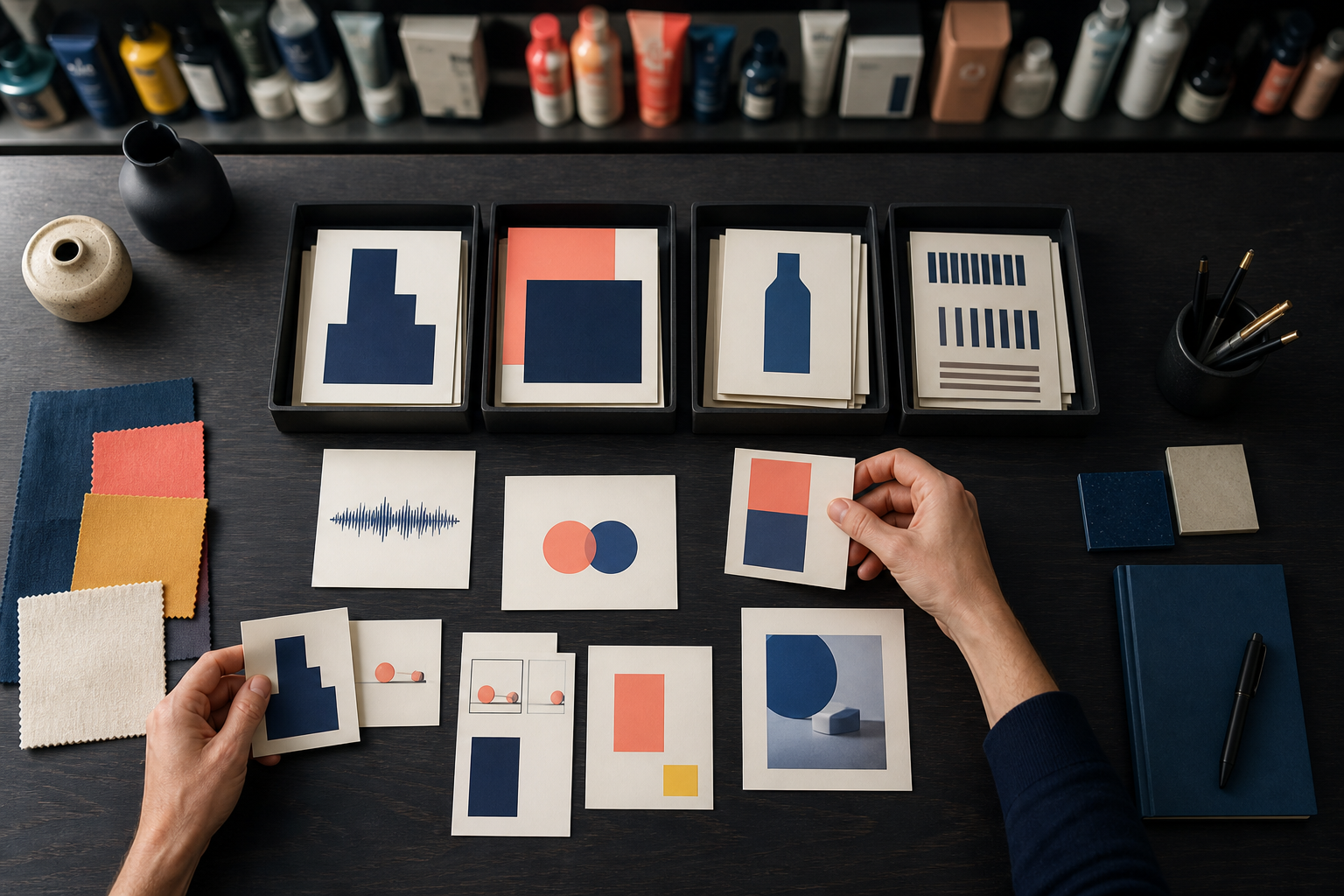 A brand strategist sorting abstract visual, verbal and sensory cue cards during a memory asset audit.