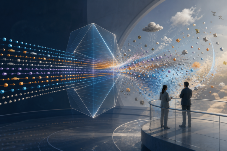 A changing stream of data moves out of alignment with an artificial intelligence model in a conceptual monitoring scene.