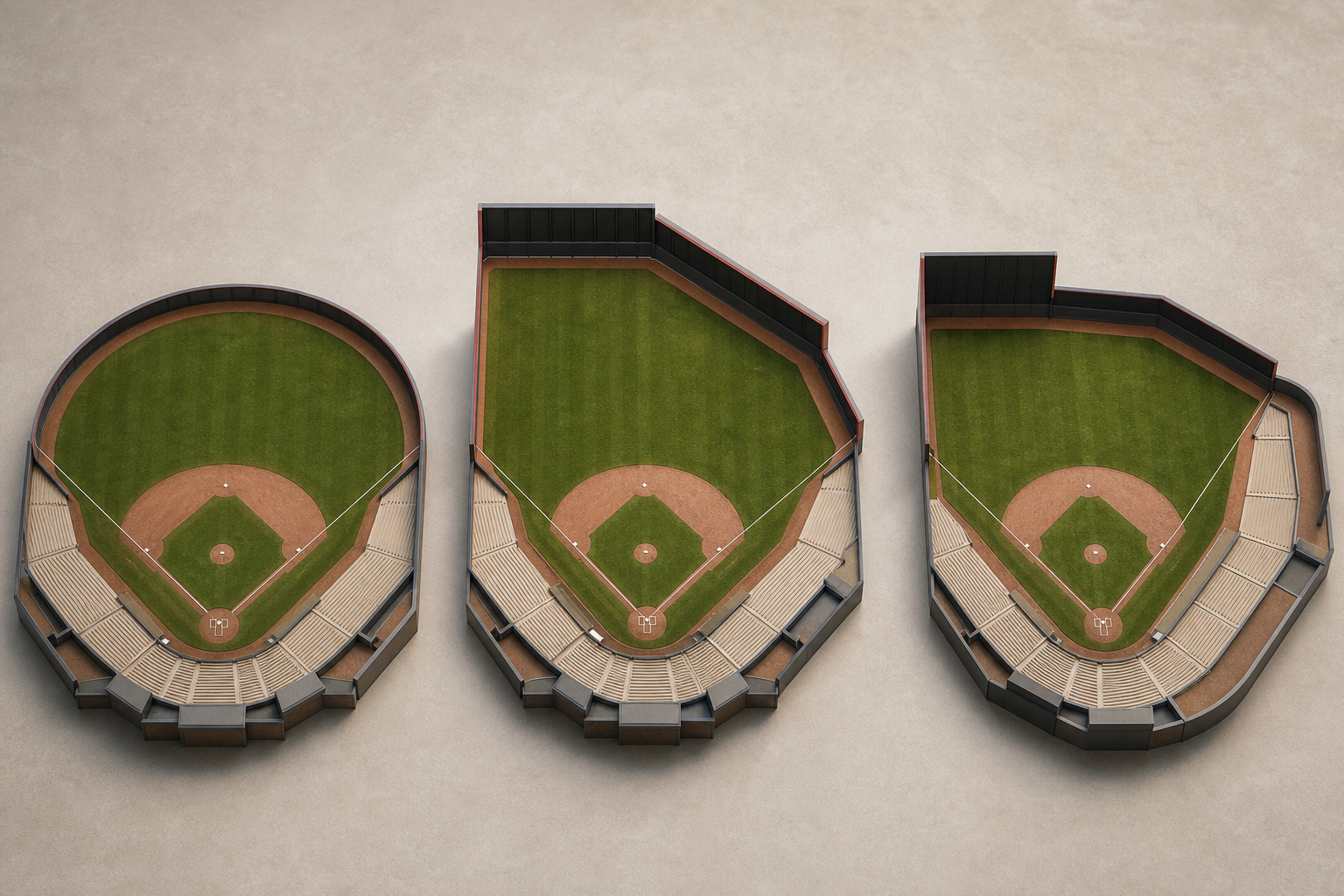 Elevated architectural model shows three generic baseball fields with identical infields and differently shaped outfields and walls.
