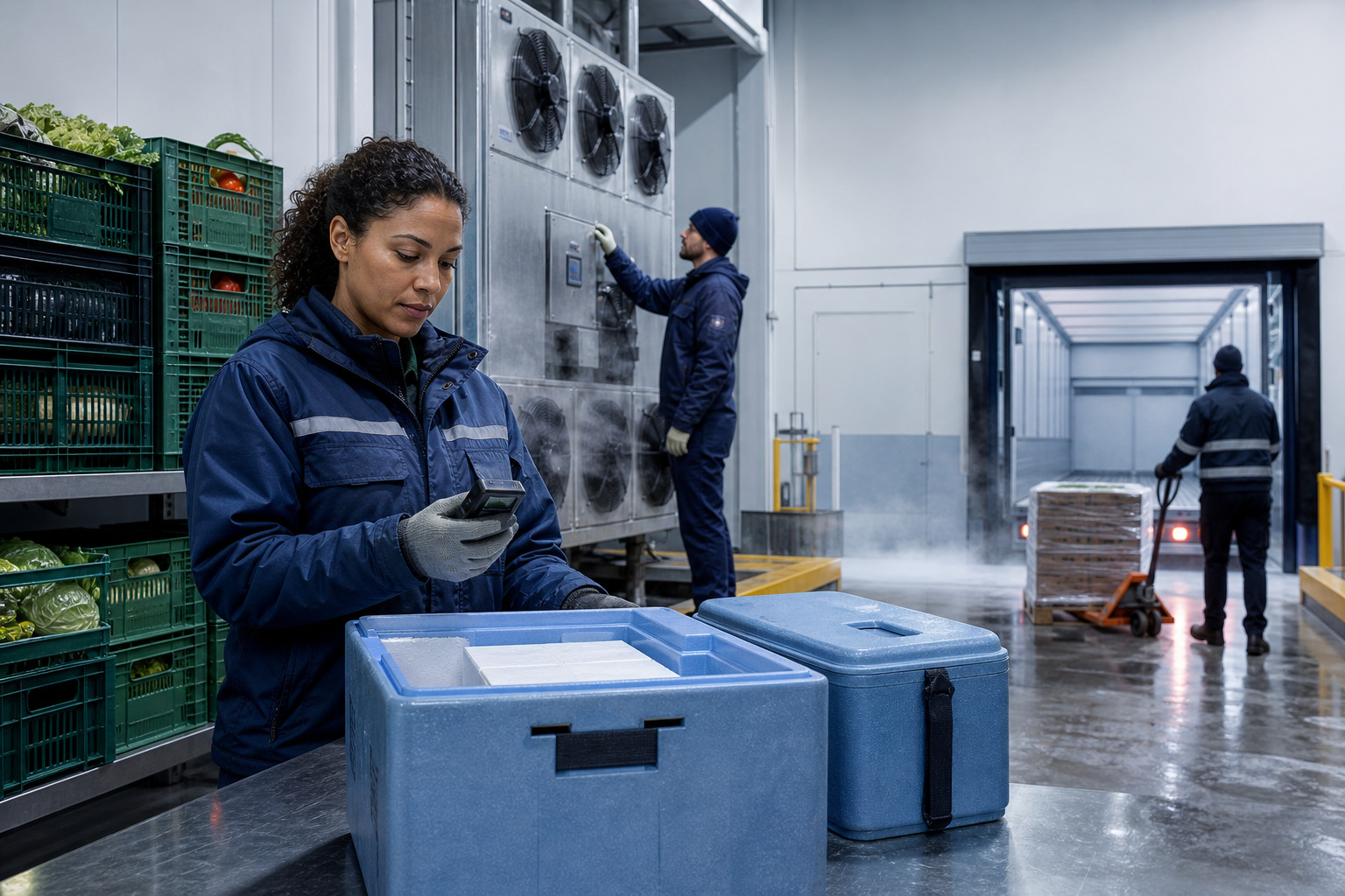 Cold-chain logistics technician checking a temperature monitor beside insulated medical containers, fresh food crates, refrigeration equipment and a loading bay