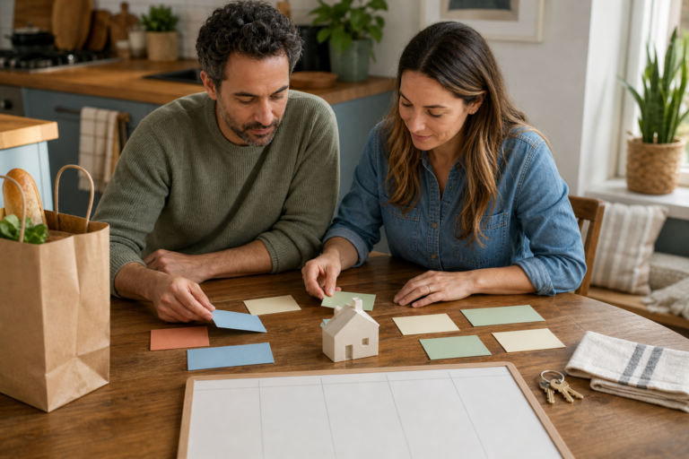 Married partners at a kitchen table calmly arranging blank household task cards into shared areas of responsibility.