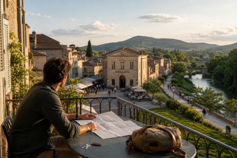 Traveler planning a weekend from a guesthouse terrace overlooking a compact historic town with a market square, riverside path and nearby hills