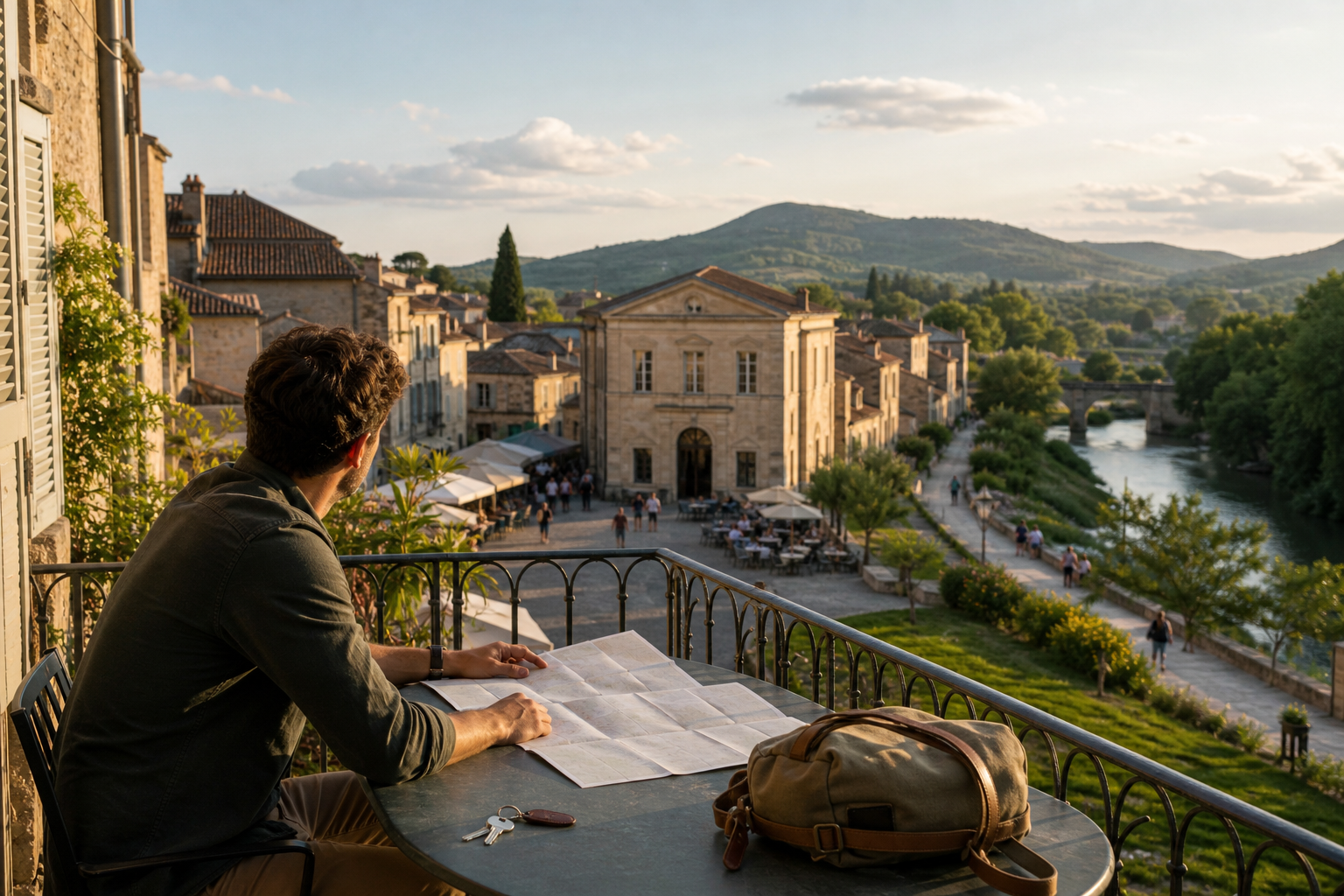 Traveler planning a weekend from a guesthouse terrace overlooking a compact historic town with a market square, riverside path and nearby hills
