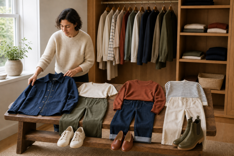 Adult arranges a neutral anchor garment with three coordinated combinations of layers, bottoms and shoes in a calm dressing area.