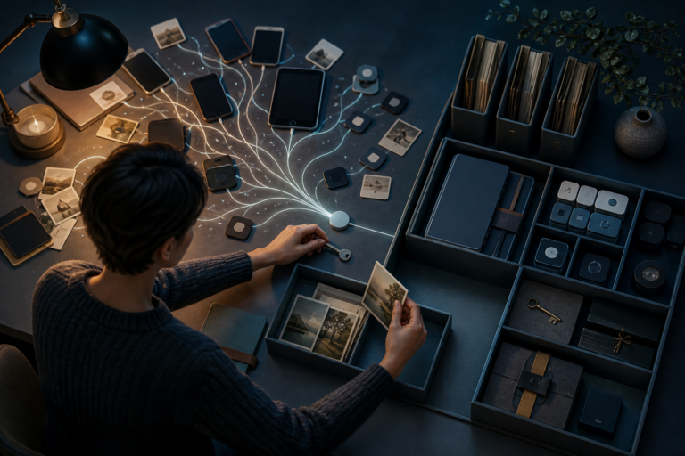 A person reviews old digital devices and account tokens while organizing a careful personal data exit plan.