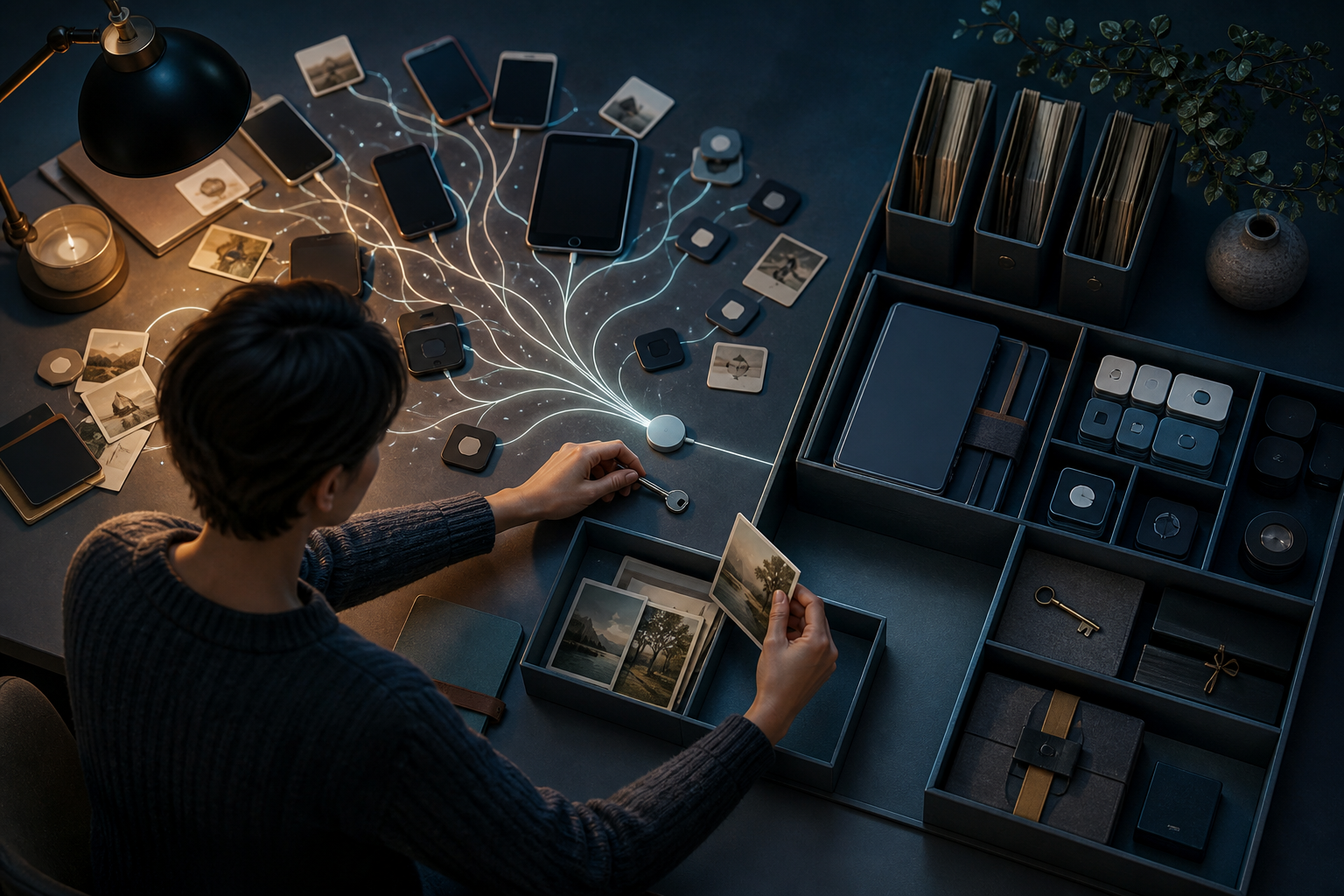 A person reviews old digital devices and account tokens while organizing a careful personal data exit plan.