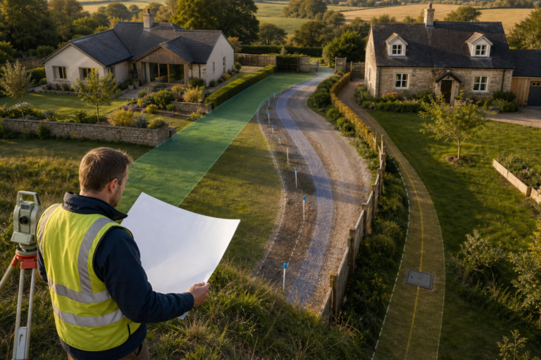 A surveyor studies adjoining properties, a shared driveway, boundary markers, and an access route from above.