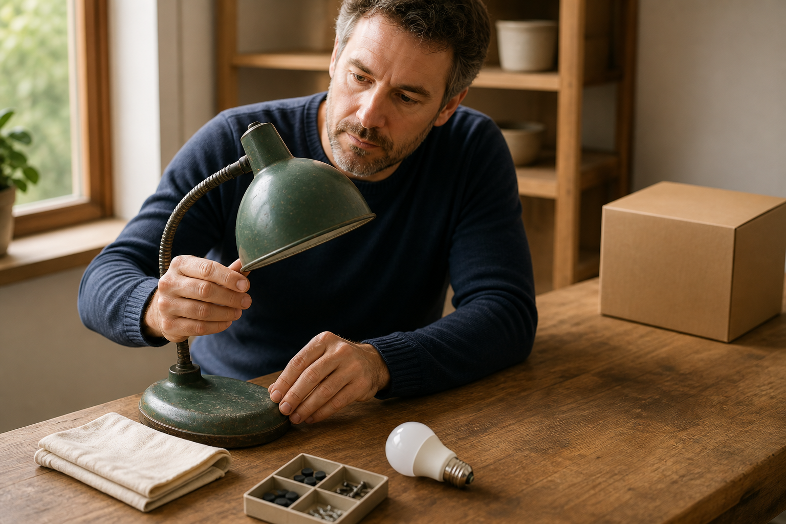 Owner considers a sturdy unplugged lamp, a small tray of compatible repair parts and a plain unopened replacement box at a workbench.