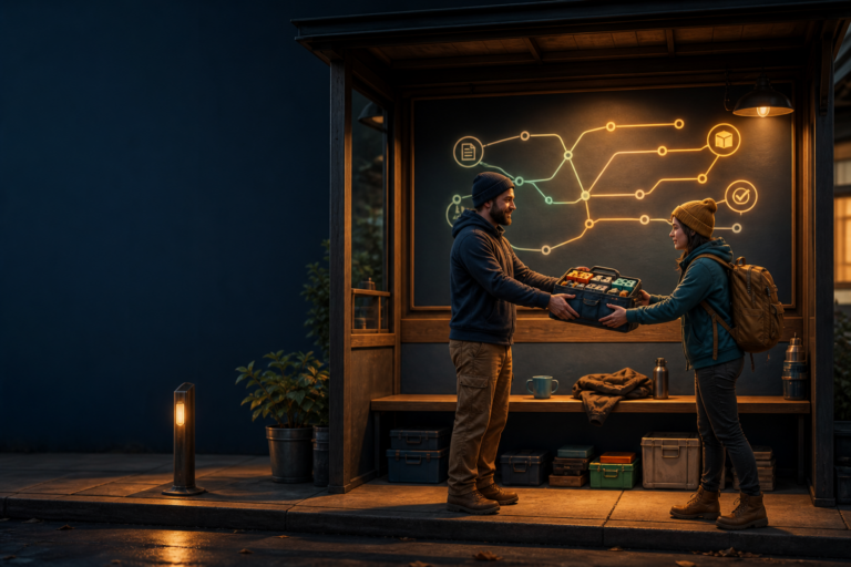 A maintainer and a new contributor examine a code-project route model inside a quiet, unbranded bus shelter.
