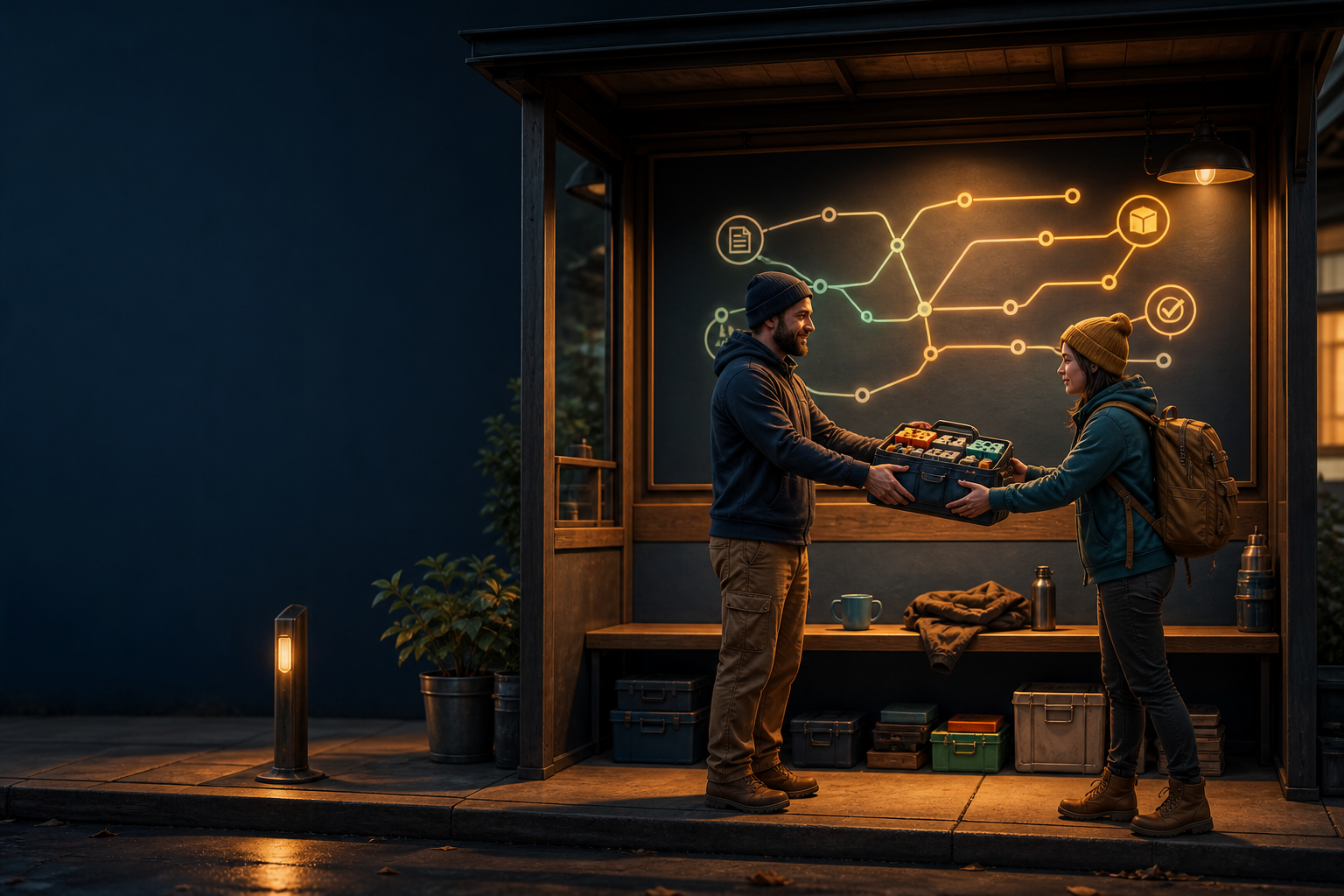 A maintainer and a new contributor examine a code-project route model inside a quiet, unbranded bus shelter.