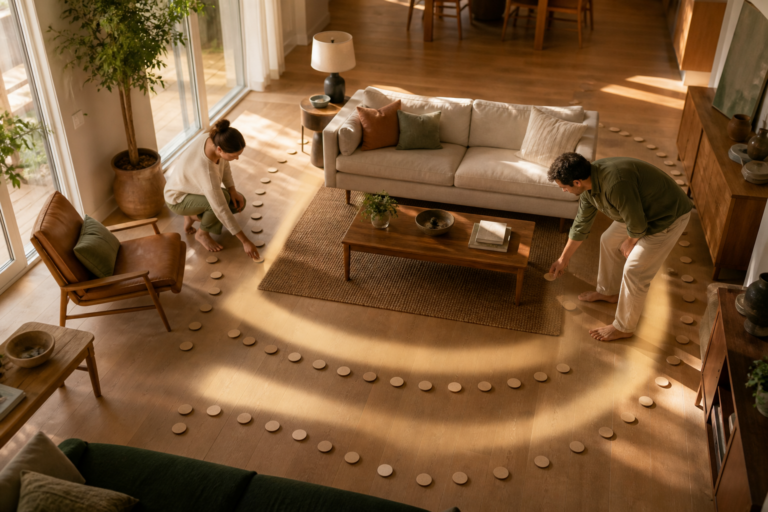 An adult tests full-size furniture outlines while observing clear walking routes through a bright living room.