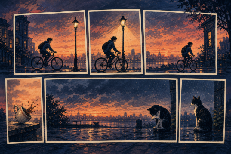 An artist arranges wordless comic panels that stretch one quiet gesture across a carefully paced page.