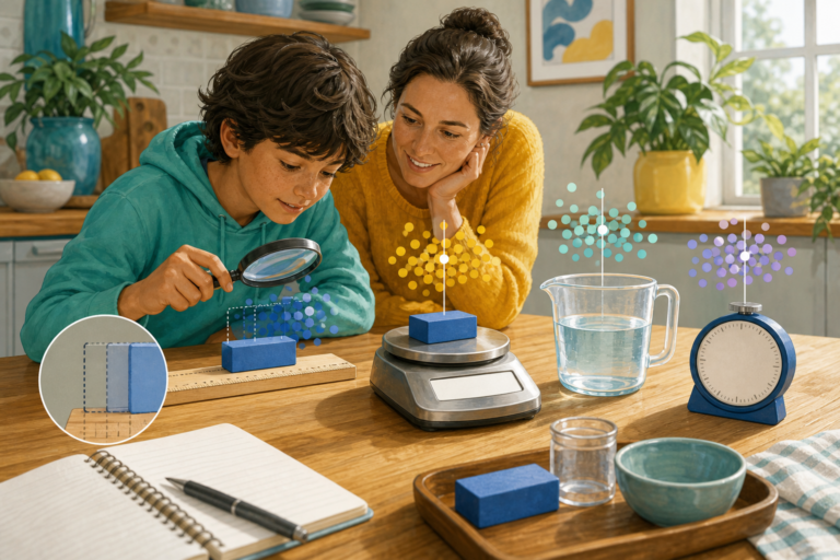 Young students comparing ruler, stopwatch, thermometer, and notebook measurements at a bright science table