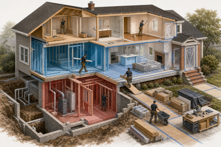 Homeowners and renovation professionals arranging material samples around a layered cutaway house plan