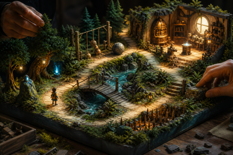 Game designer arranging a clear first-ten-minutes tutorial path with movement and interaction challenges