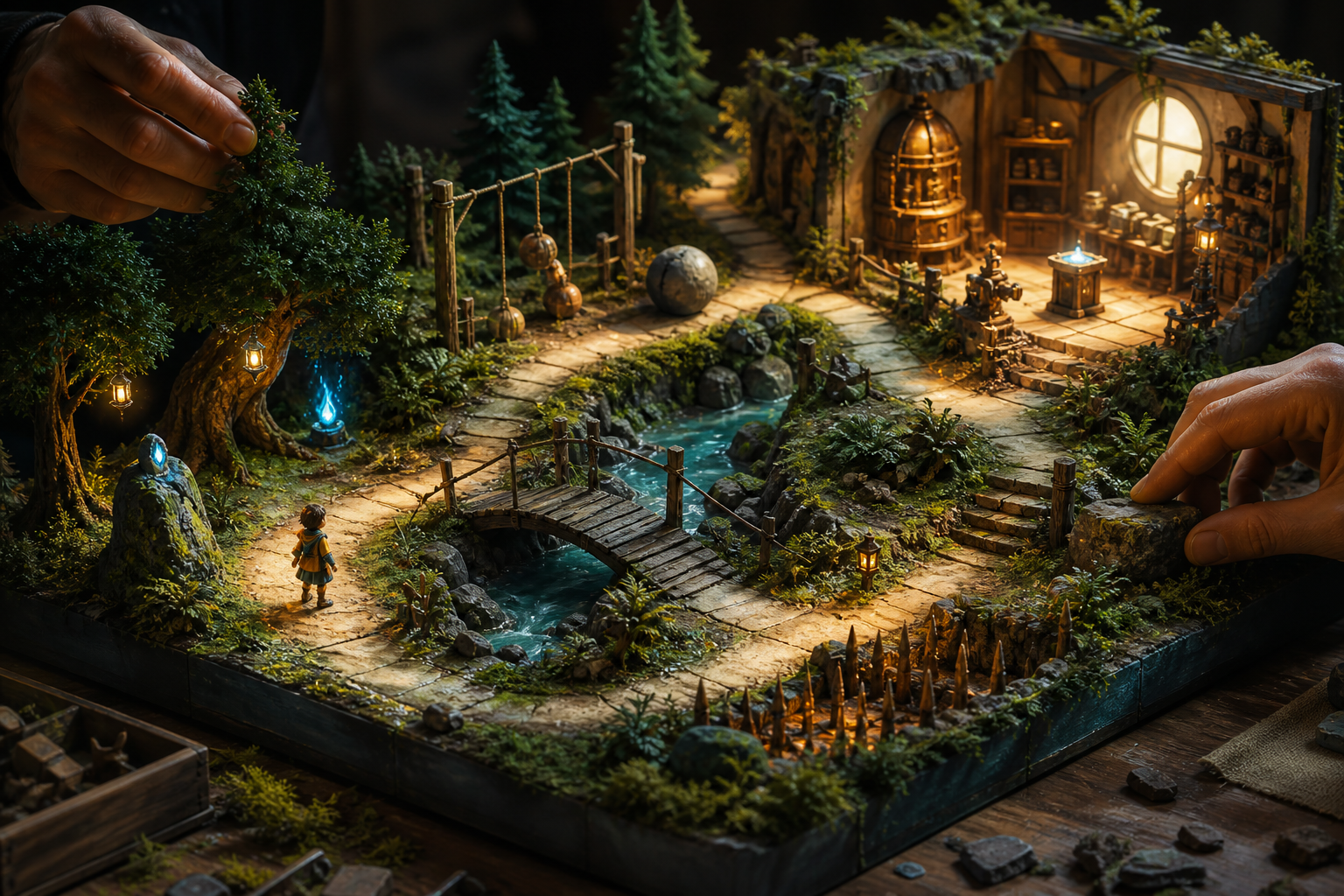 Game designer arranging a clear first-ten-minutes tutorial path with movement and interaction challenges