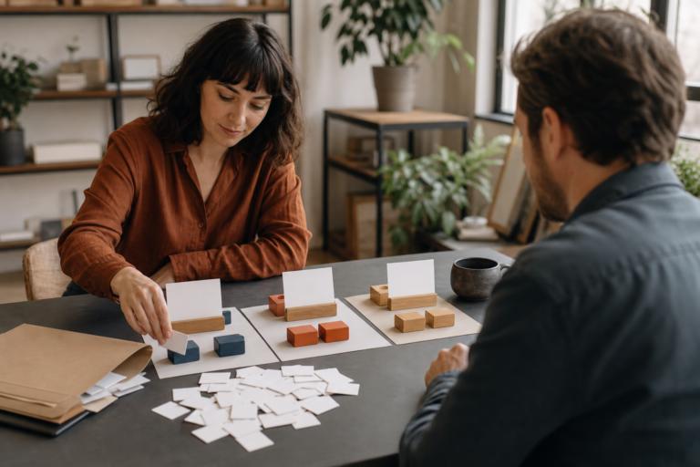 Freelancer sorting project cards for deliverables, decisions, revisions, and changes across a clean desk
