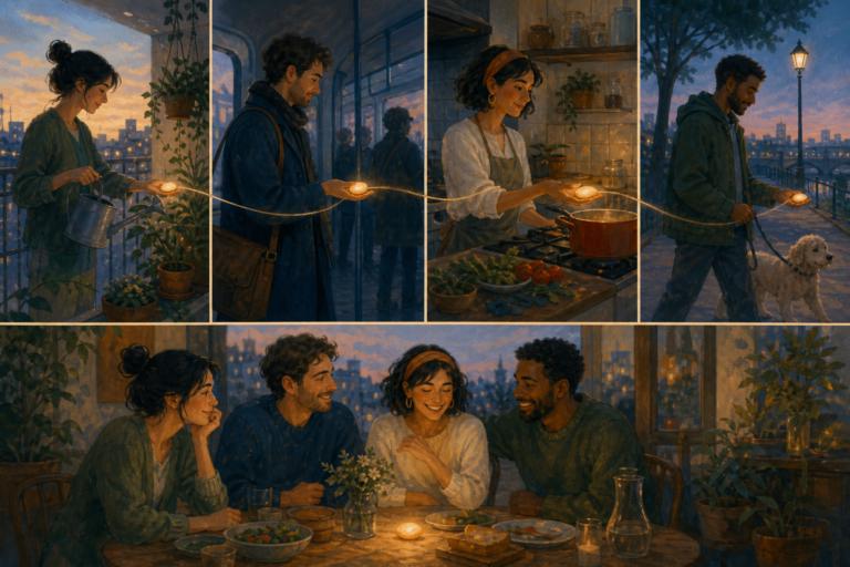 Two adult friends sharing an easy recurring tea ritual at a warm kitchen table