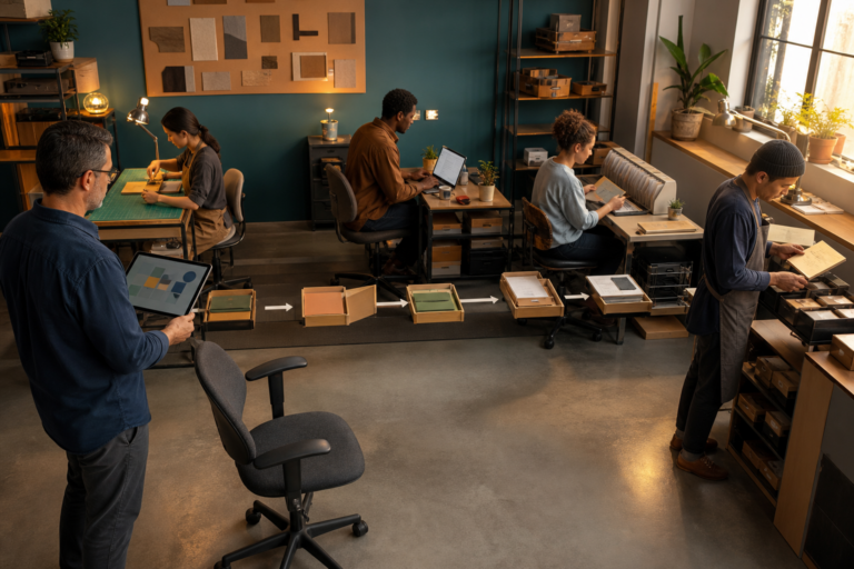 A small-business owner mapping workflow as unfinished jobs quietly accumulate at one operational constraint.