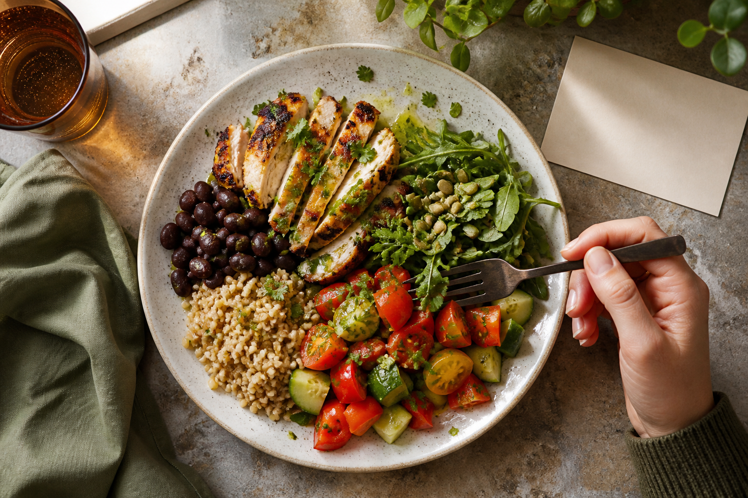 A colorful meal combining protein, beans, whole grains, vegetables, seeds and dressing beside a paused fork.