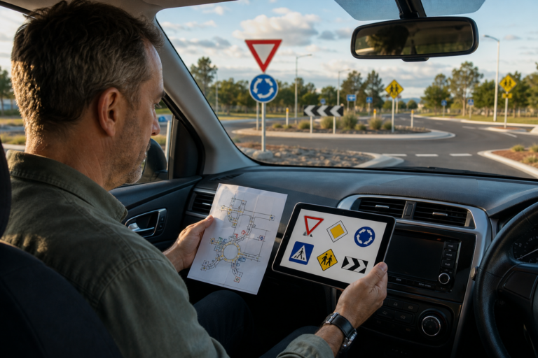 A parked driver reviewing generic road signs and a route before entering an unfamiliar road-rule system.