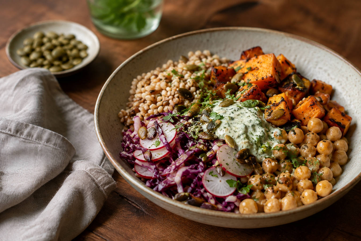 Colorful plant-based meal arranged in distinct layers of chewy grains, tender vegetables, creamy sauce, fresh slaw, and toasted seeds