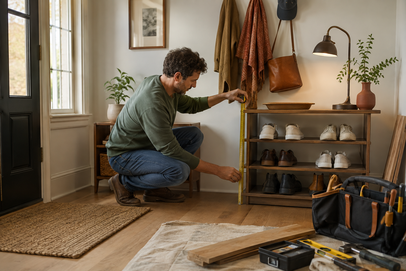 Homeowner measuring a compact entryway beside neatly arranged hooks, a narrow shelf, a lamp, and project materials