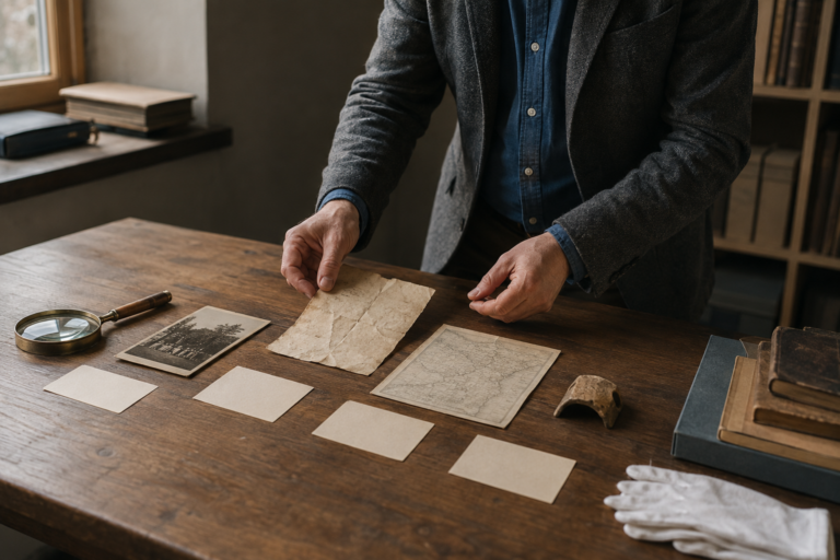 Historian arranging an old photograph, map, letter, artifact, and blank evidence cards across a wooden archive table