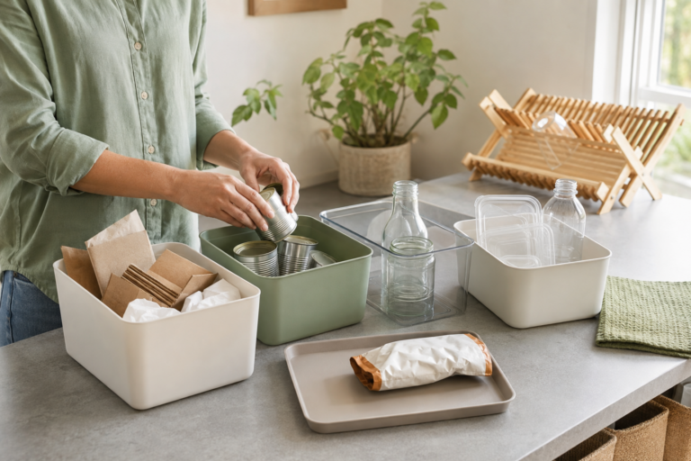 Person sorting clean paper, metal cans, glass containers, and rigid plastic into separate tidy household recycling areas