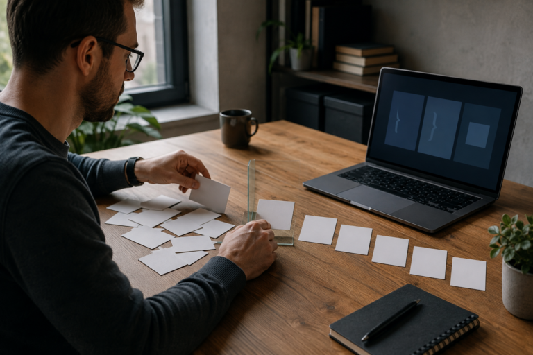 Software developer organizing uncertain input cards through a visible validation gateway into a clean application workflow
