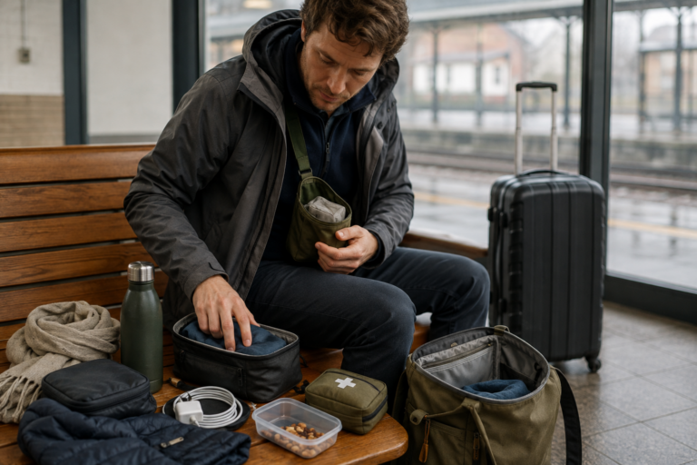 Traveler sorting practical gear between secure pockets, a day bag, and an open carry-on