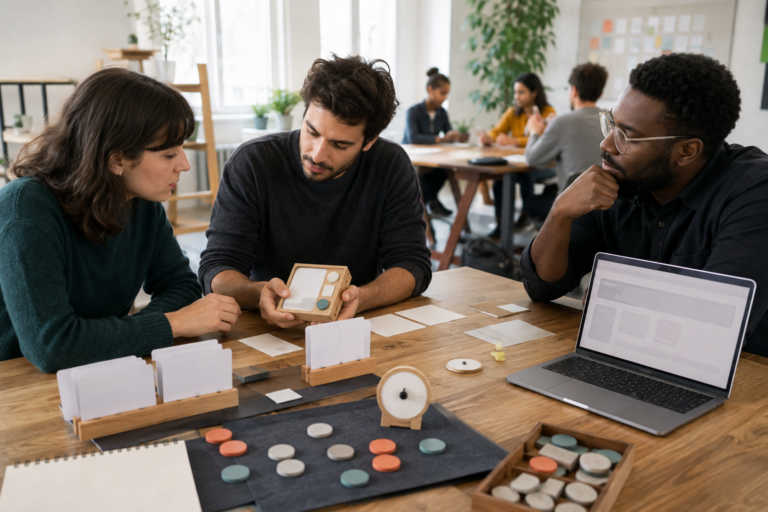 Founder observing potential customers use a simple prototype beside grouped blank cards