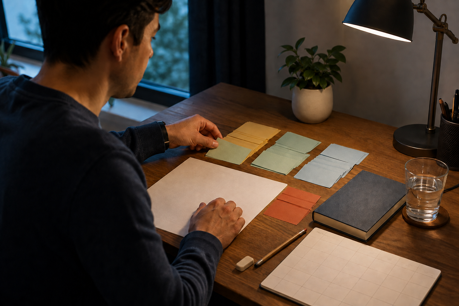 Student calmly sorting blank colored cards beside a completed practice test at a study desk
