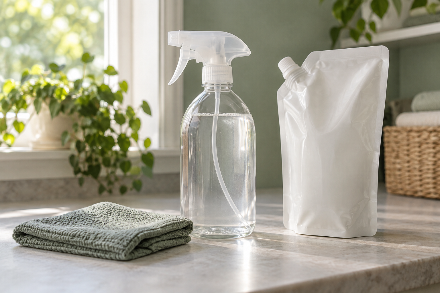 Refillable spray bottle, matching refill pouch, and folded cleaning cloth on a counter.