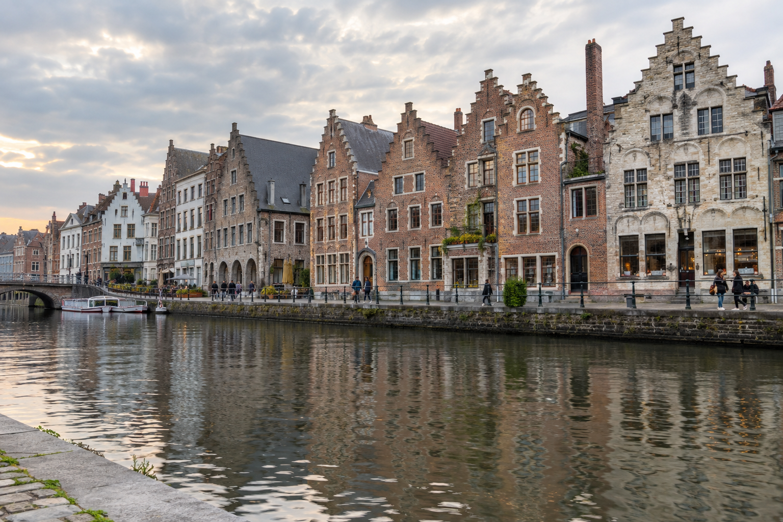 AI-generated illustration of Flemish gabled waterfront buildings and a riverside quay inspired by Ghent.