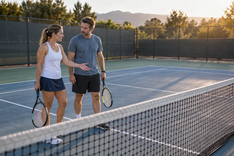 Two adult doubles partners conferring between points beside a tennis net.