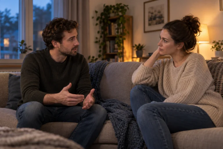 Adult partners having a calm, attentive conversation on a living-room sofa.