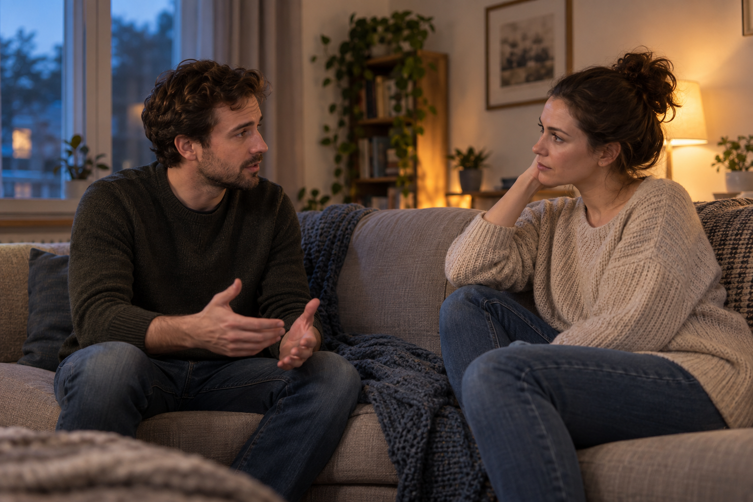 Adult partners having a calm, attentive conversation on a living-room sofa.