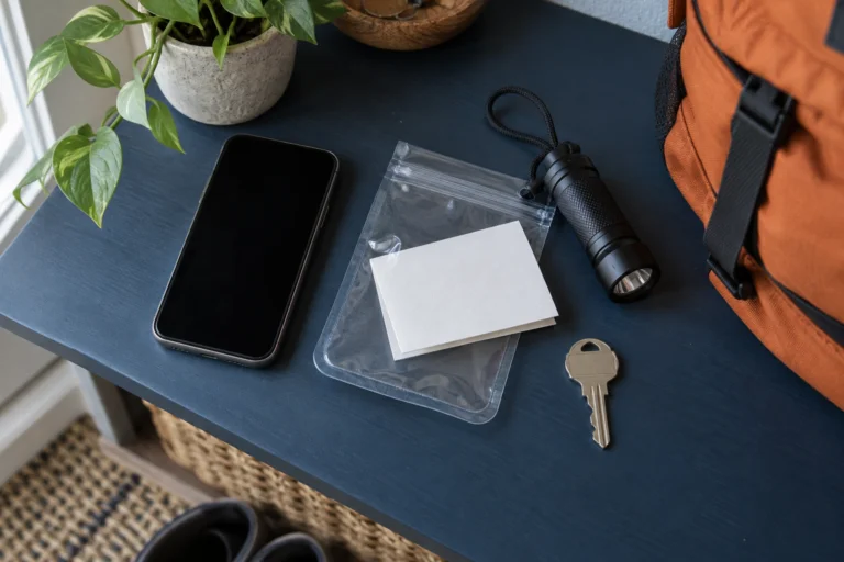 A paper contact card in a waterproof pouch beside a basic phone, flashlight, and household keys.