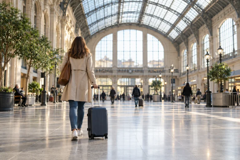 Traveler with a small rolling suitcase entering a spacious railway-station concourse.