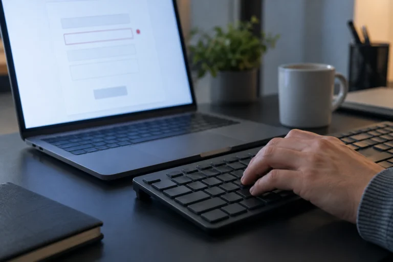 Close view of a laptop, external keyboard, and a person's hand during website form testing.