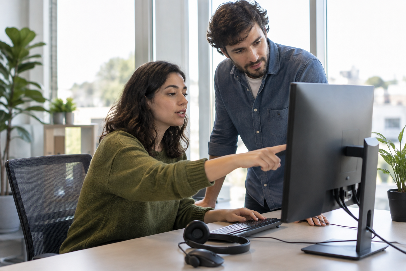 Two startup teammates reviewing a customer-support conversation at one desktop workstation.