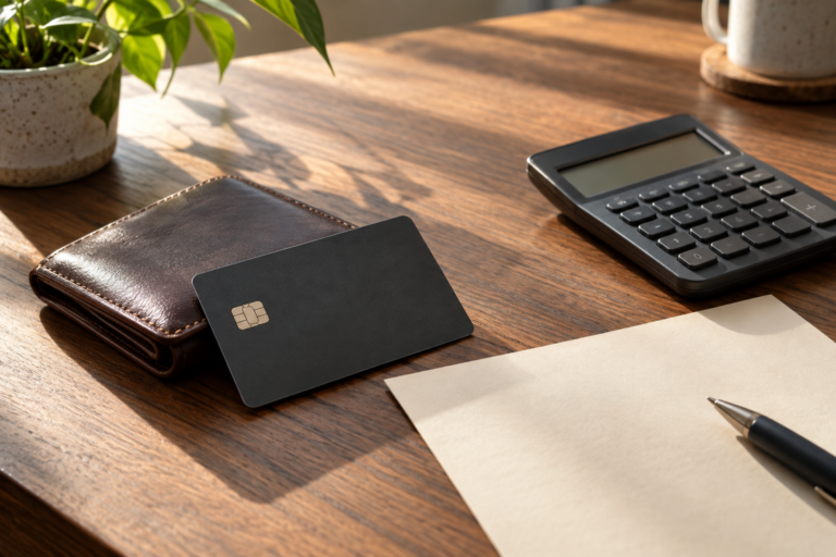 Unbranded bank card, closed wallet, blank paper statement, and calculator in a home workspace.