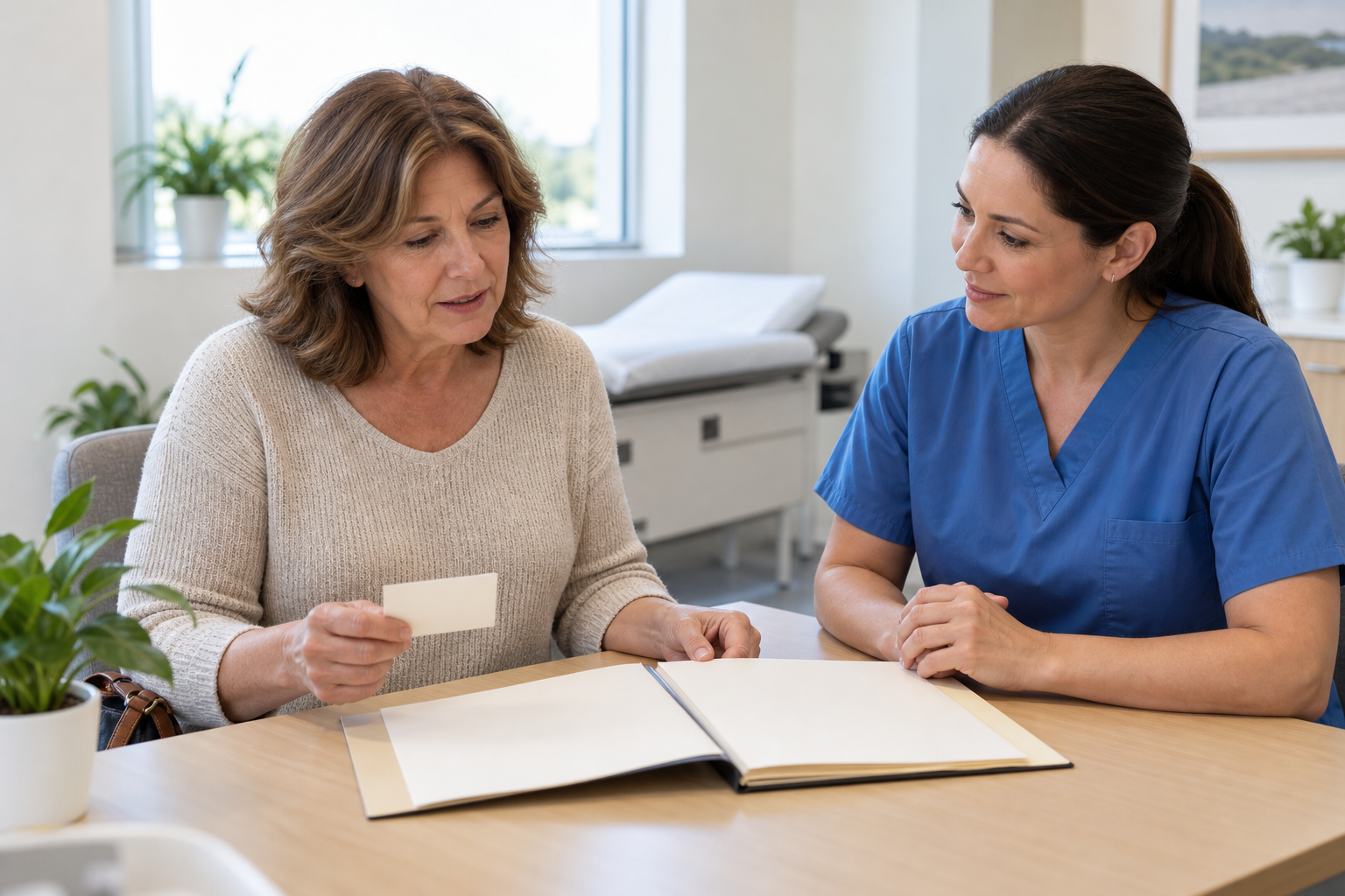 Adult patient and clinician reviewing a paper health-record folder during a consultation.