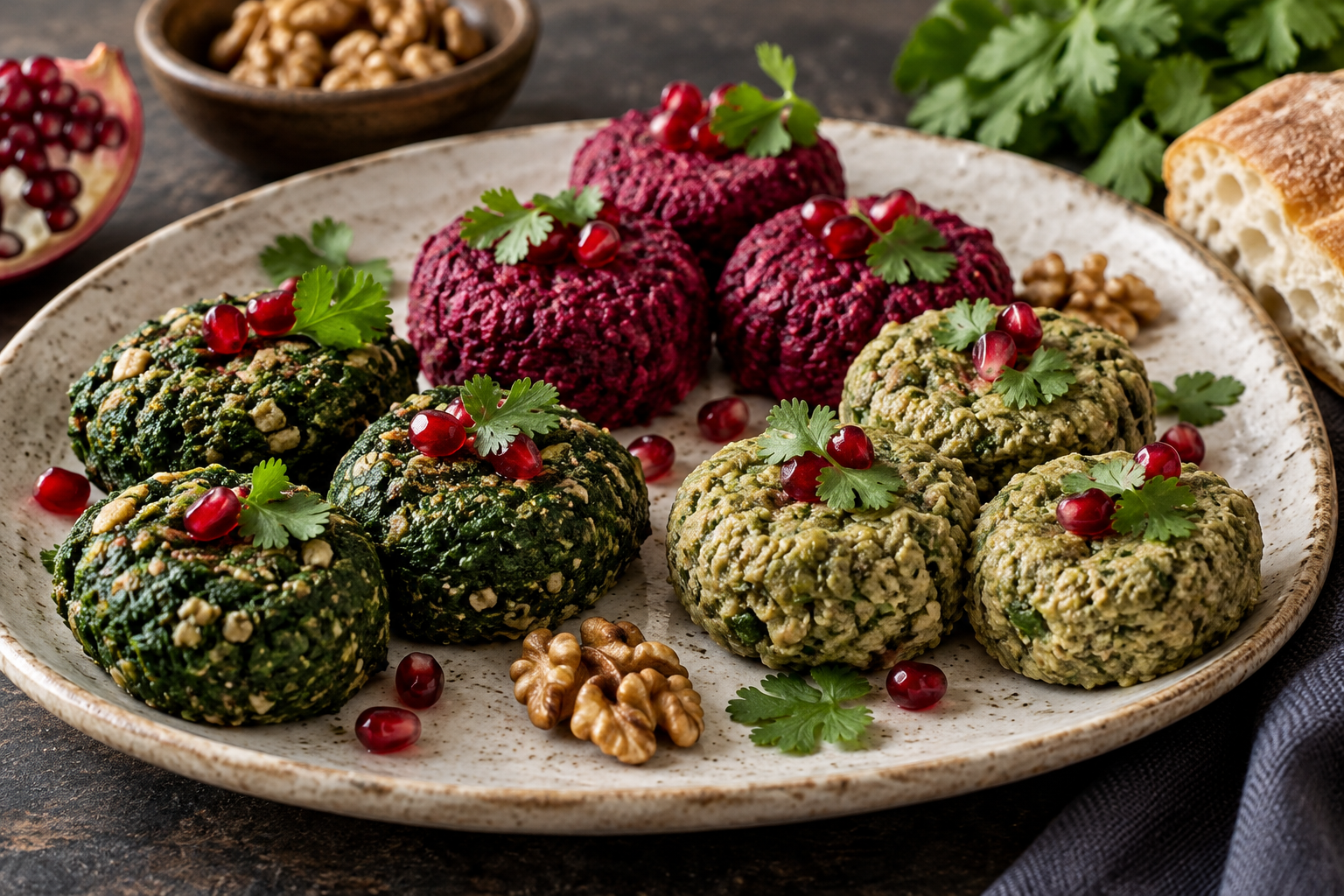 Spinach, beetroot, and green bean pkhali with walnuts and pomegranate on a ceramic platter.