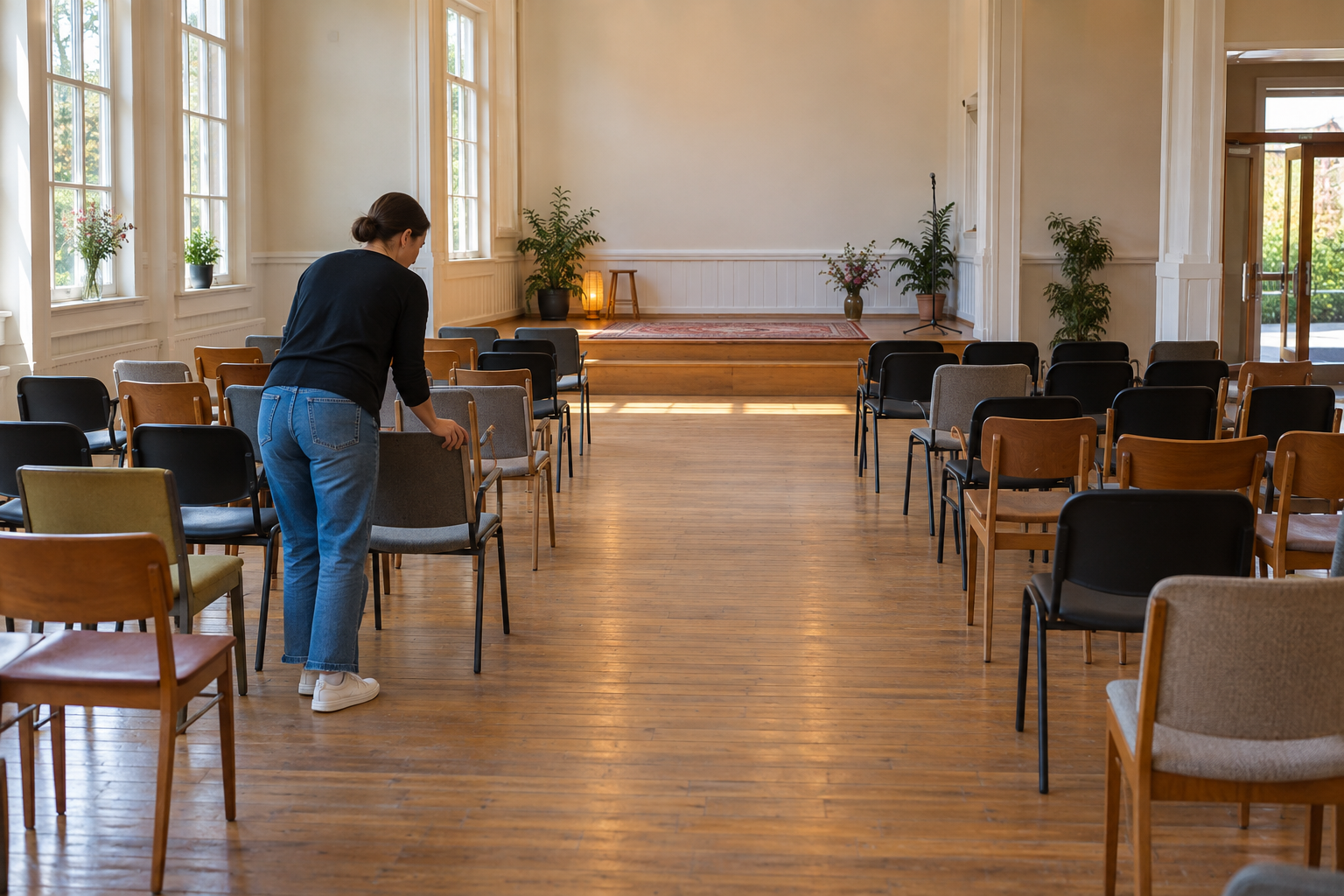 An organizer arranges chairs beside a wide aisle in a sunlit community event hall.