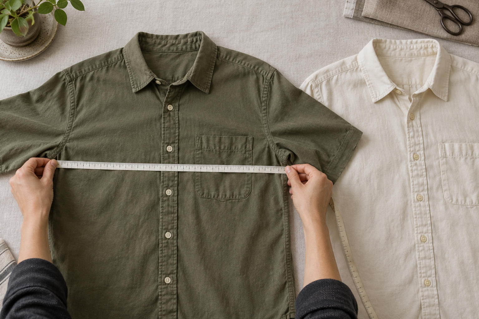 Hands hold a measuring tape across the underarms of an olive shirt beside a cream shirt laid flat.